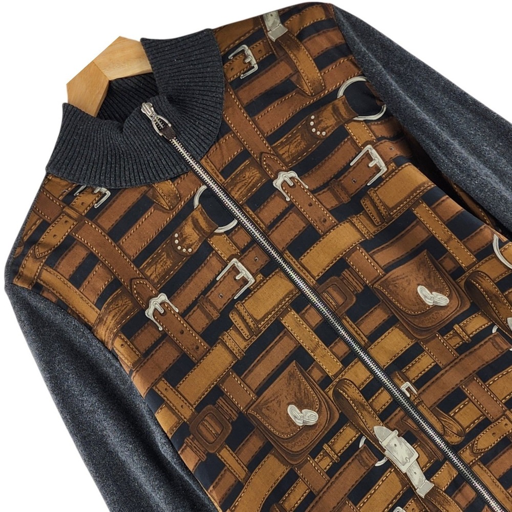 Lauren Ralph Lauren Cardigan Women XL Gray Equestrian Belt Print Cotton Cashmere
